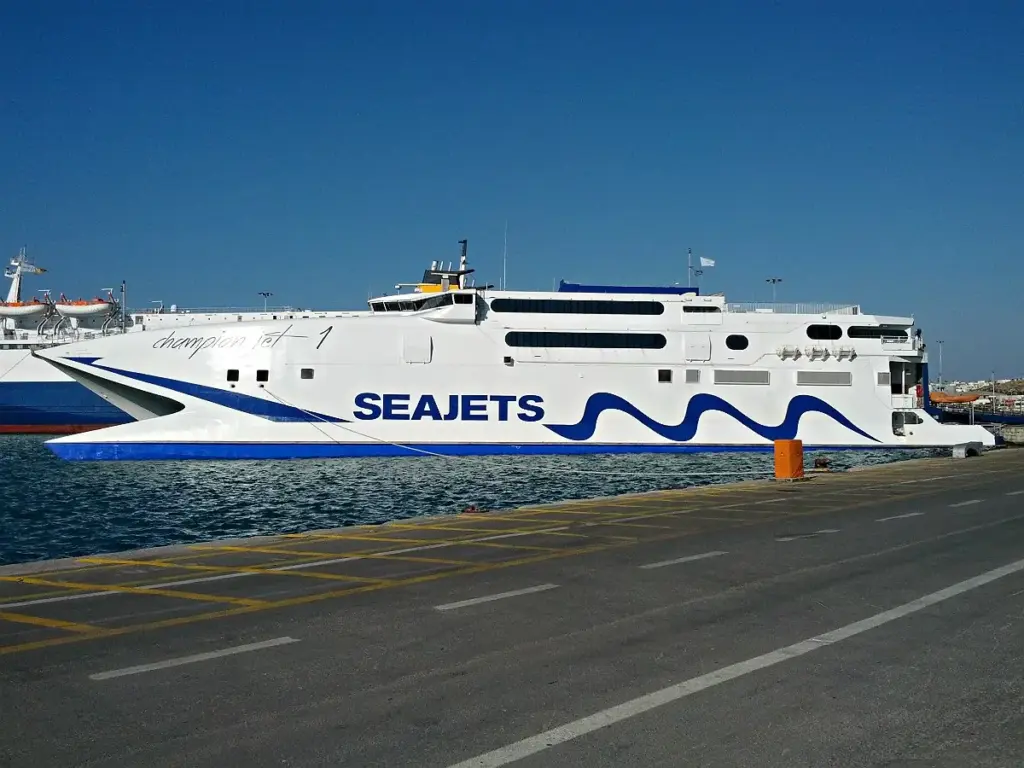 The Seajets high-speed catamaran Champion Jet 1 docked at the port of Heraklion on Crete